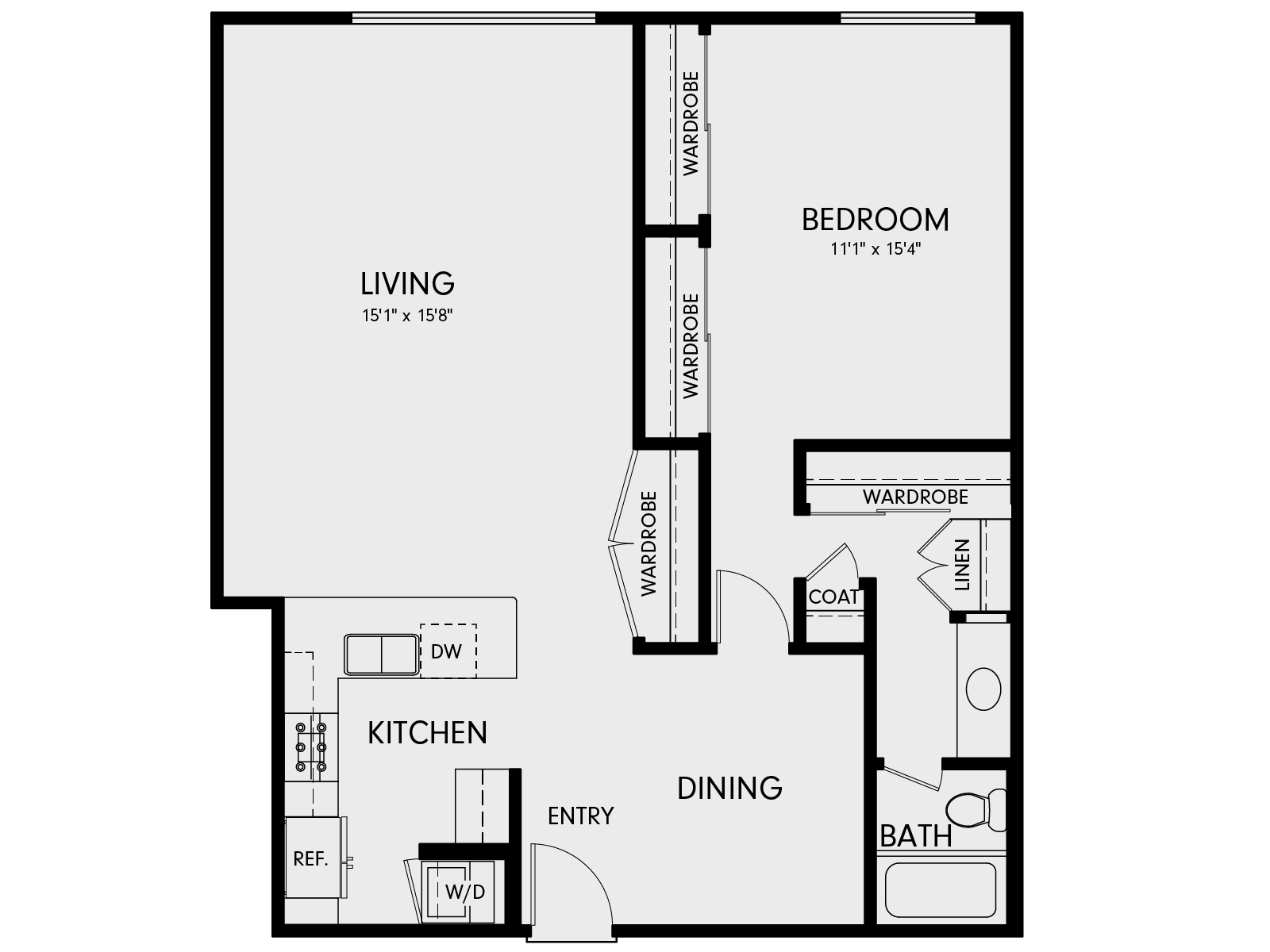 Floor plan for 1 bed, 1 bath, 930 sqft